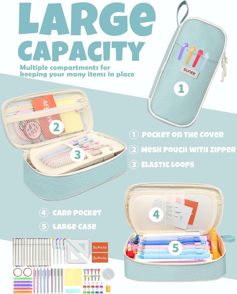 SUNEE Cute Pencil Case, Aesthetic Pen Pouch, Colored Large Pencil Bag with Zipper, Kawaii Stationery Storage and Organizer, School Supplies for Teen and Adult Girls, Mint Green - Image 2